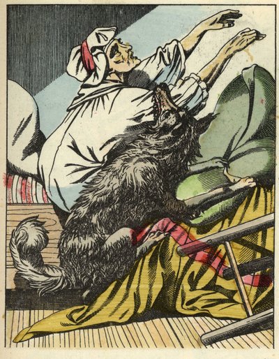 Il lupo picchia la nonna di Cappuccetto Rosso. Illustrazione del racconto "Cappuccetto Rosso" di Charles Perrault da Unknown artist