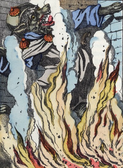 Il lupo cade nel fuoco del camino. Illustrazione della fiaba "Compere le Loup, Maitre Renard, Comere la Chevre et ses petits biquets" dopo una favola di Jean de la Fontaine. In "Fiabe dalla casa per i piccoli". Incisione anonima del XIX secolo da Unknown artist