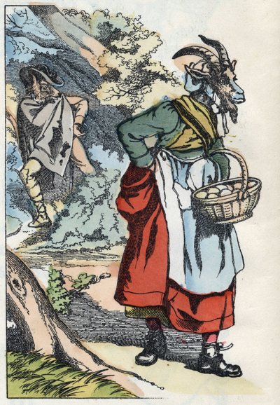 Il lupo cerca la capra che lascia la sua casa. Illustrazione della fiaba "Compere le Loup, Maitre Renard, Comere la Chevre et ses petits biquets" dopo una favola di Jean de la Fontaine. In "Fiabe dalla casa per i piccoli". Incisione anonima da Unknown artist