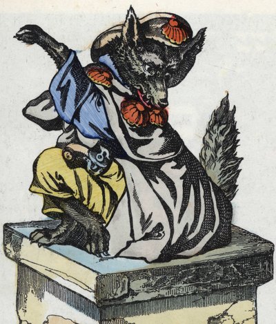 Il lupo si siede sul camino. Illustrazione della fiaba "Compere le Loup, Maitre Renard, Comere la Chevre et ses petits biquets" di Jean de la Fontaine. In "Fiabe della casa per i piccoli". Incisione anonima del XIX secolo da Unknown artist