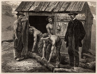 I lavoratori del legno della miniera di Montchanin, gettandoli nel pozzo inclinato; in costume, l