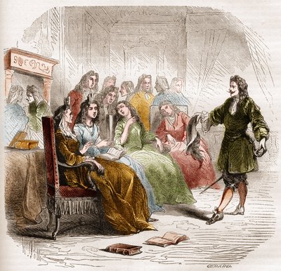 Lo scrittore Georges de Scudéry (1598-1667) durante un salotto letterario organizzato da sua sorella, Madeleine de Scudéry, nel 1650. Incisione del 1860-1861 da Unknown artist