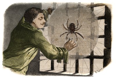 Lo scrittore Paul Pellisson (Paul Pellisson-Fontanier detto) (Pellisson Fontanier) (1624-1693) addomestica un ragno durante la sua prigionia alla Bastiglia. Incisione del 1858 in 