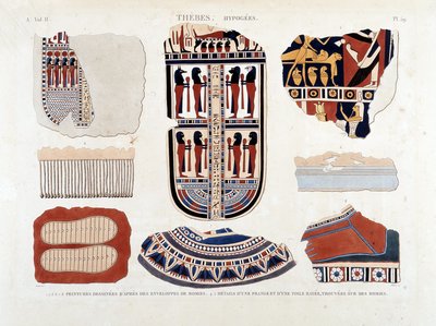 Tebe, Ipogei: 1.2.3.6.7.8. dipinti da involucri di mummie 4.5. Dettagli di una frangia e di una tela a righe, trovati su mummie - in 