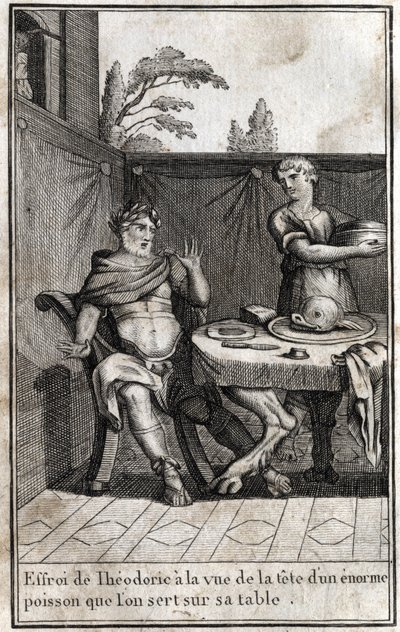 Teodorico il Grande (ca. 454/455-526), re dei Goti, è spaventato alla vista della testa di un enorme pesce servito sulla sua tavola. Incisione in 
