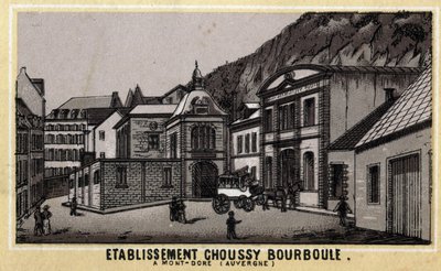 Stabilimenti termali di Choussy a Bourboule nel massiccio dei Monts Dore, nel dipartimento di Puy-de-Dome in Alvernia. Cromolitografia della fine del XIX secolo da Unknown artist