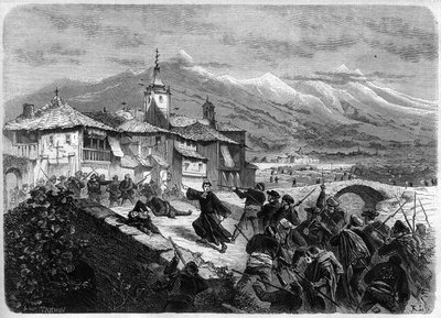 Terza Guerra Carlista (1872-1876): Battaglia tra le truppe governative e una banda carlista in Navarra, Spagna. Incisione in "L