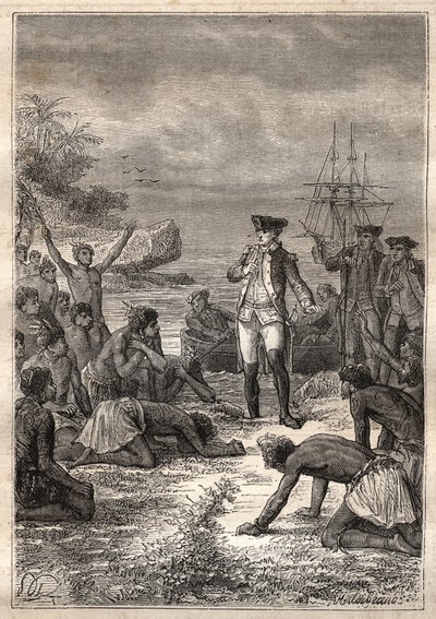 Terzo viaggio (1776-1779) del Capitano James Cook (1728-1779): Cook è accolto dai nativi (Hawaii) - illustrazione tratta da "I grandi marinai del XVIII secolo" da Unknown artist