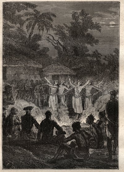 Terzo viaggio (1776-1779) del Capitano James Cook (1728-1779): una festa sulle isole degli Amici (Regno di Tonga, Polinesia) - illustrazione tratta da 