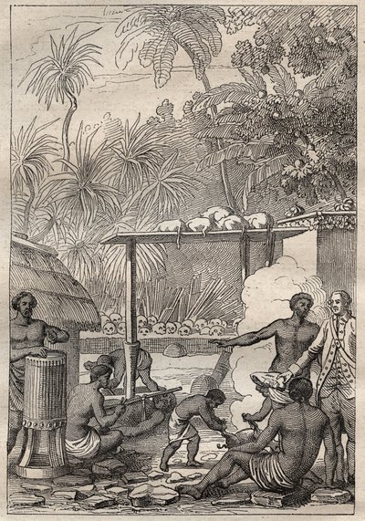 Terzo viaggio (1776-1779) del capitano James Cook (1728-1779): sacrificio umano a Tahiti - illustrazione tratta da 