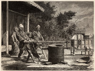 Tre contadini che operano il mulino del riso. Incisione per illustrare il viaggio in Giappone nel 1863-1864, di Aime Humbert, ministro della Confederazione Svizzera, in 