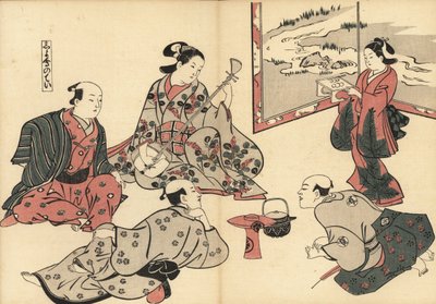 Tre samurai ascoltano una cortigiana suonare lo shamisen, mentre una kamuro porta cibo su un vassoio. Stampa a blocchi di legno di Masanobu Okumura (1686-1764) da Fuzoku Emakimono, Rotolo Illustrato del Commercio dell