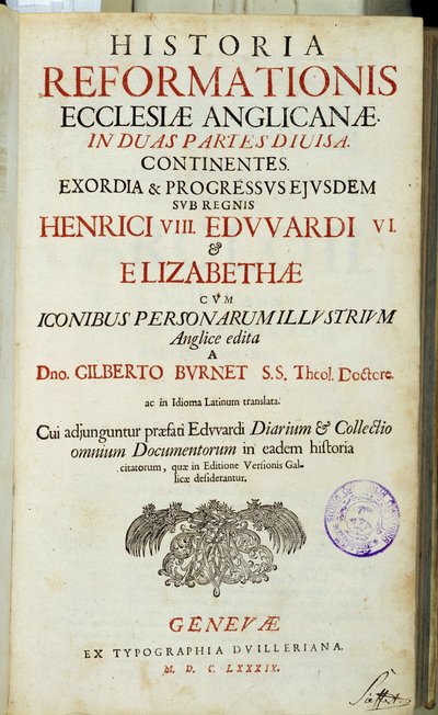 Pagina del titolo "Historia Reformationis Ecclesiae Anglicanae...", Ginevra da Unknown artist