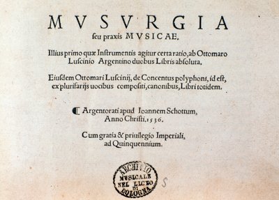 Pagina del titolo di Musurgia, manuale pratico di musica (1536) da Unknown artist