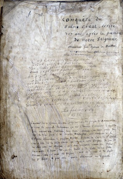 Pagina del titolo di un manoscritto: Conquista del Santo Graal, scritto 717 anni dopo la passione del nostro Signore. Biblioteca municipale di Rennes, ms. 255 (Collezione di romanzi della Tavola Rotonda) da Unknown artist