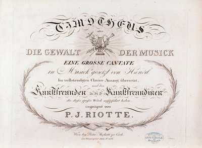 Pagina del titolo della partitura musicale di Timotheus di G F Handel (1812) da Unknown artist