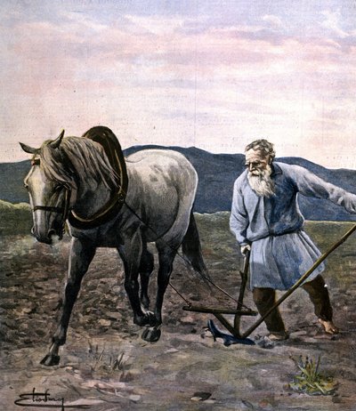 Tolstoj che ara. Incisione fine XIX secolo. da Unknown artist