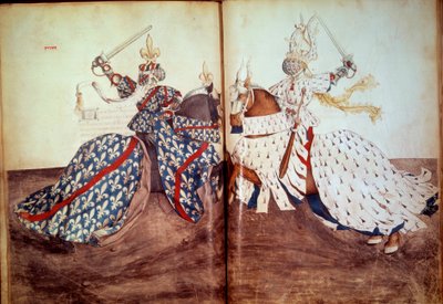 Torneo: Gioco del signore chiamante e del signore difensore (Duca di Bretagna e Duca di Borbone a confronto). Manoscritto "Libro dei tornei" (Folio 32v - folio33) di René d