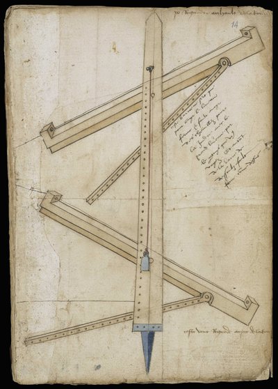Macchina di misurazione della torre - Manoscritto: foglio di pergamena di un manuale di ingegneria per la costruzione di edifici civili, religiosi e militari, anonimo, fine XV secolo (figura in inchiostro cinese) da Unknown artist
