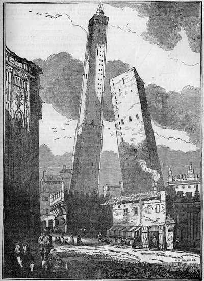 Torri di Bologna - la torre degli Asinelli e la più piccola torre Garisenda - incisione del XIX secolo da Unknown artist