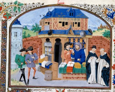 Commercio: un negozio di mercante. Miniatura dal manoscritto 
