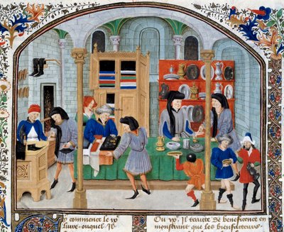 Scena di commercio: mercanti in un negozio presentano stoviglie e argenteria ai loro clienti da Unknown artist