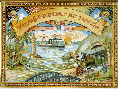 Treno, faro e barca, copertina del gioco "Viaggio intorno al mondo", XIX secolo da Unknown artist