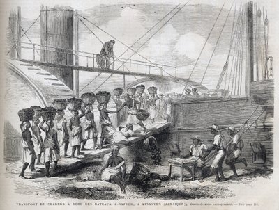 Trasporto di carbone a bordo di navi a vapore a Kingston (Giamaica) - Caricamento del carbone a Kingston - Giamaica - 1866 Incisione da "L