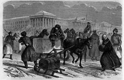 Trasporto di ghiaccio a San Pietroburgo, Russia. Incisione in "The Youth Journal" da Unknown artist