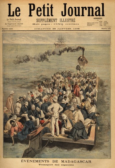 Trasporto di feriti rimpatriati dal Madagascar. Incisione in "Le petit journal" 26/01/1896. Collezione Selva da Unknown artist