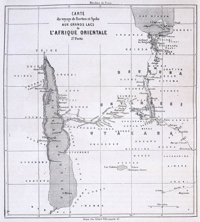 Mappa di viaggio di Richard Francis Burton, esploratore britannico (1821-1890) e Speke ai Grandi Laghi dell