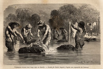 Viaggiatori che lavano i loro panni sporchi nel fiume, insieme ai peones boliviani, nei pressi di Maniri (Basso Perù), incisione per illustrare il viaggio nelle valli di Quinquinas, di Paul Marcoy, 1849-1861 da Unknown artist