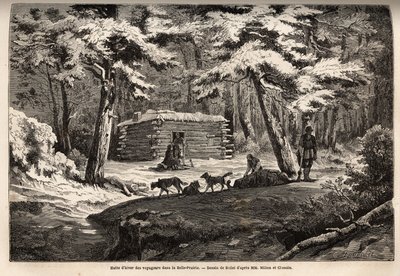 Capanna invernale del viaggiatore nel bel prato (Canada), rifugio per cacciatori e le loro slitte. Incisione per illustrare il viaggio dall