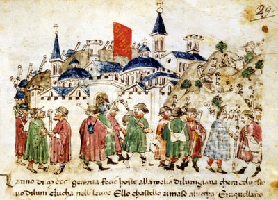 Pellegrini in viaggio arrivano a Roma. XIV secolo. Cronache Sercambi. Lucca, Archivio Nazionale da Unknown artist