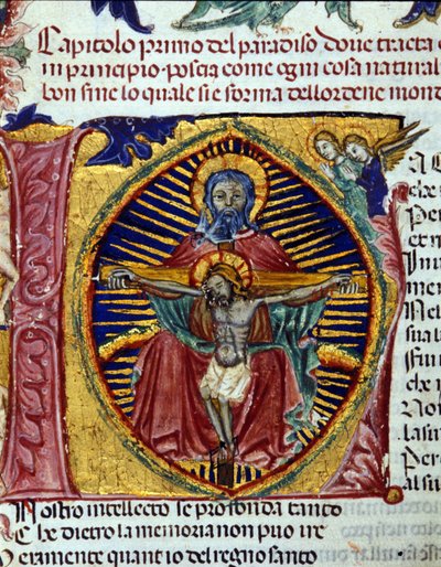 Trinità (la colomba dello Spirito Santo è visibile nella barba del Padre). Codice miniato da Unknown artist