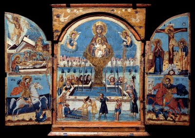 Trittico della Vergine, fonte di vita Pannello centrale: la Vergine attraversa una fontana miracolosa. A sinistra, la resurrezione e la deposizione. Sotto un cavaliere (San Giorgio) che abbatte un drago. A destra, la crocifissione e un cavaliere pun da Unknown artist