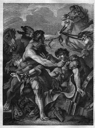 Le dodici fatiche di Ercole: Diomede ucciso da Ercole e mangiato dai suoi stessi cavalli. Incisione dal dipinto di Jean-Baptiste-Marie Pierre. da Unknown artist