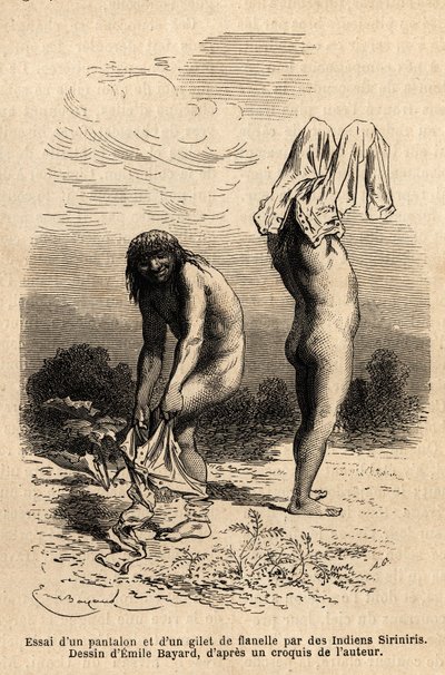 Due indiani Siriniris cercano di indossare pantaloni e gilet, che un membro della spedizione aveva messo ad asciugare sulla riva dei laghi ai piedi del Monte Basiri (Perù). Incisione per illustrare il viaggio nelle valli di Quinquinas (Perù), di Paul Marco da Unknown artist