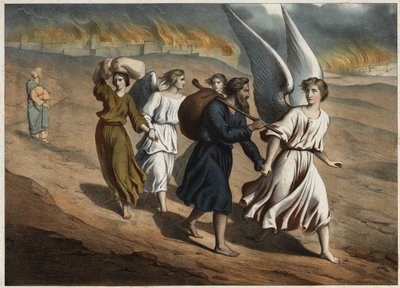 Due angeli guidano Lot e le sue figlie che devono lasciare la città di Sodoma, che, come quella di Gomorra, è distrutta da Dio. La moglie di Lot che torna in città nonostante il divieto sarà pietrificata come una statua di sale. Incisione anonima della met da Unknown artist