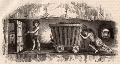Due bambini che spingono un carrello in una miniera di carbone inglese, un terzo, il Trapper, apre una porta da Unknown