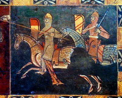 Due cavalieri sul lato della rete che vanno in battaglia (dettaglio) da Unknown artist