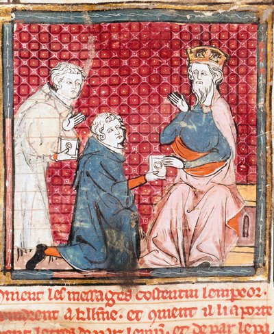 Due messaggeri annunciano a Carlo Magno (742-814) la vittoria sui Saraceni. Miniatura tratta da 
