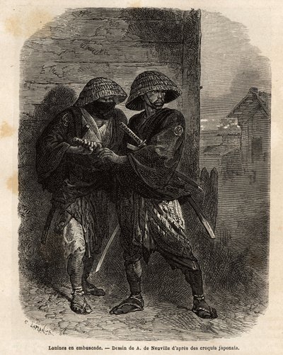 Due ronin (samurai che hanno perso il loro padrone) in agguato. Incisione per illustrare il viaggio in Giappone, nel 1863-1864, di Aime Humbert, ministro della Confederazione Svizzera, in "Le tour du monde, nouveau journal des voyages" pubblicato sotto la  da Unknown artist