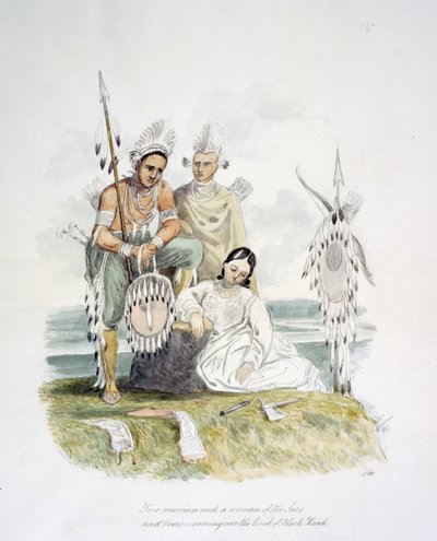 Due guerrieri e una donna dei Sacs e Foxes in lutto sulla tomba di Black Hawk, c.1843-50 da Unknown artist