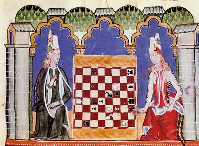 Due donne che giocano a scacchi. Miniatura dal manoscritto "Libro de los juegos" di Alfonso X il Saggio (in spagnolo, Alfonso X el Sabio) da Unknown artist