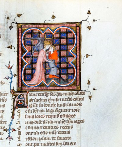 Un angelo incorona e abbraccia un uomo - Pagina miniata dal manoscritto "Le Roman de la Rose" di Guillaume de Lorris e Jean de Meun da Unknown artist