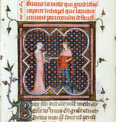 Un giovane uomo e una vecchia donna - Pagina miniata dal manoscritto "Le Roman de la Rose" di Guillaume de Lorris e Jean de Meun da Unknown artist