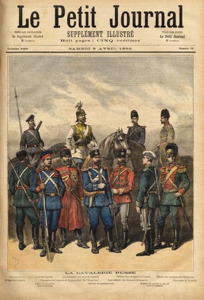 Uniformi della cavalleria russa, alleata della Francia, a cavallo da sinistra a destra: cosacco del reggimento della guardia, il reggimento corazzieri della guardia, ufficiale dei cosacchi degli Urali e ufficiale dei cosacchi dell