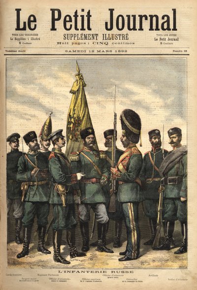 Uniformi della fanteria russa, alleata della Francia, da sinistra a destra: la guardia di frontiera, il sergente maggiore delle guardie, il reggimento Pavlowski, l