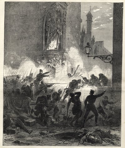 Insurrezione dei repubblicani in Catalogna: combattimenti a Barcellona nella notte tra il 25 e il 26 settembre 1869 - Sexenio Democratico (sei anni democratici) - Spagna sotto il governo del generale Francisco Serrano 1869/1870 - Insurrezione repubblicana  da Unknown artist